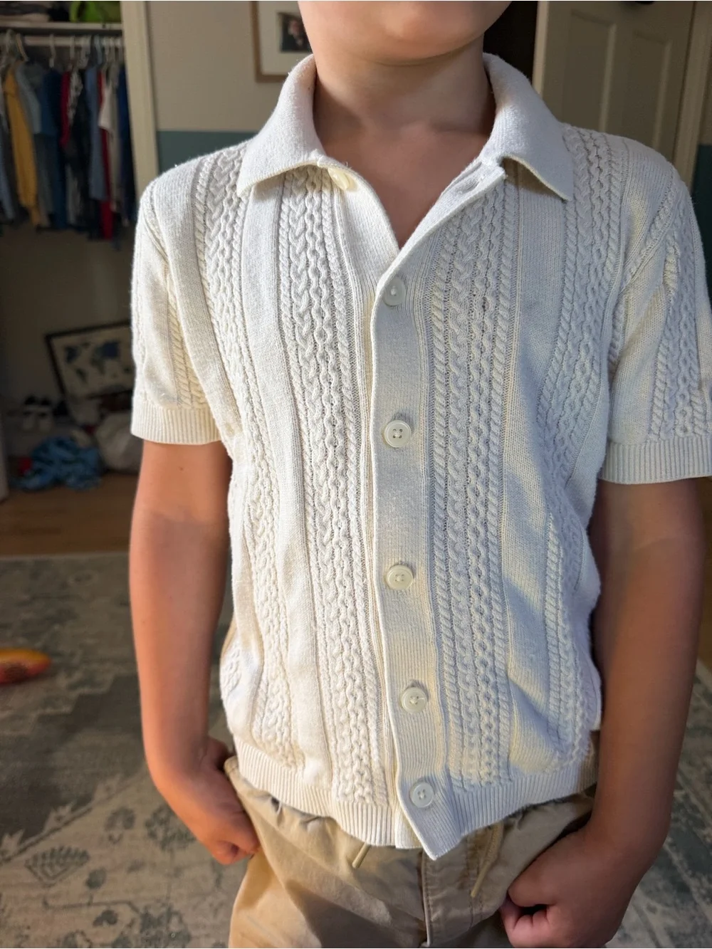 Men's Short-Sleeve Cable Knit Polo Sweater in Cream